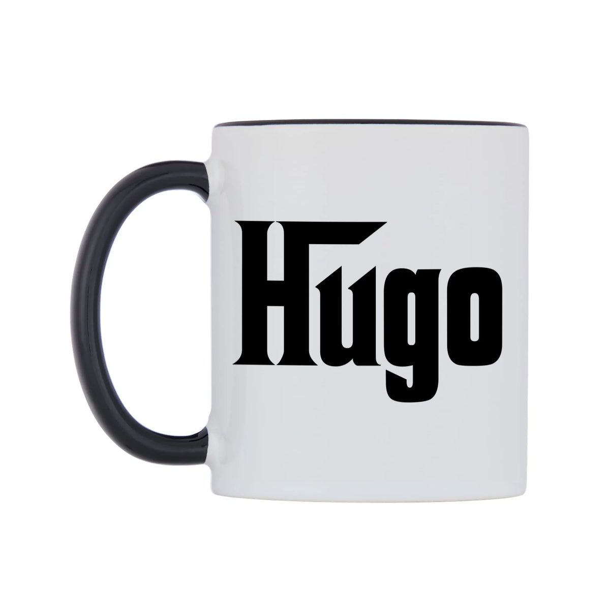Hugo - Godfather Themed Mug — white 11oz gloss mug with a black inside and handle, right side, on a white background
