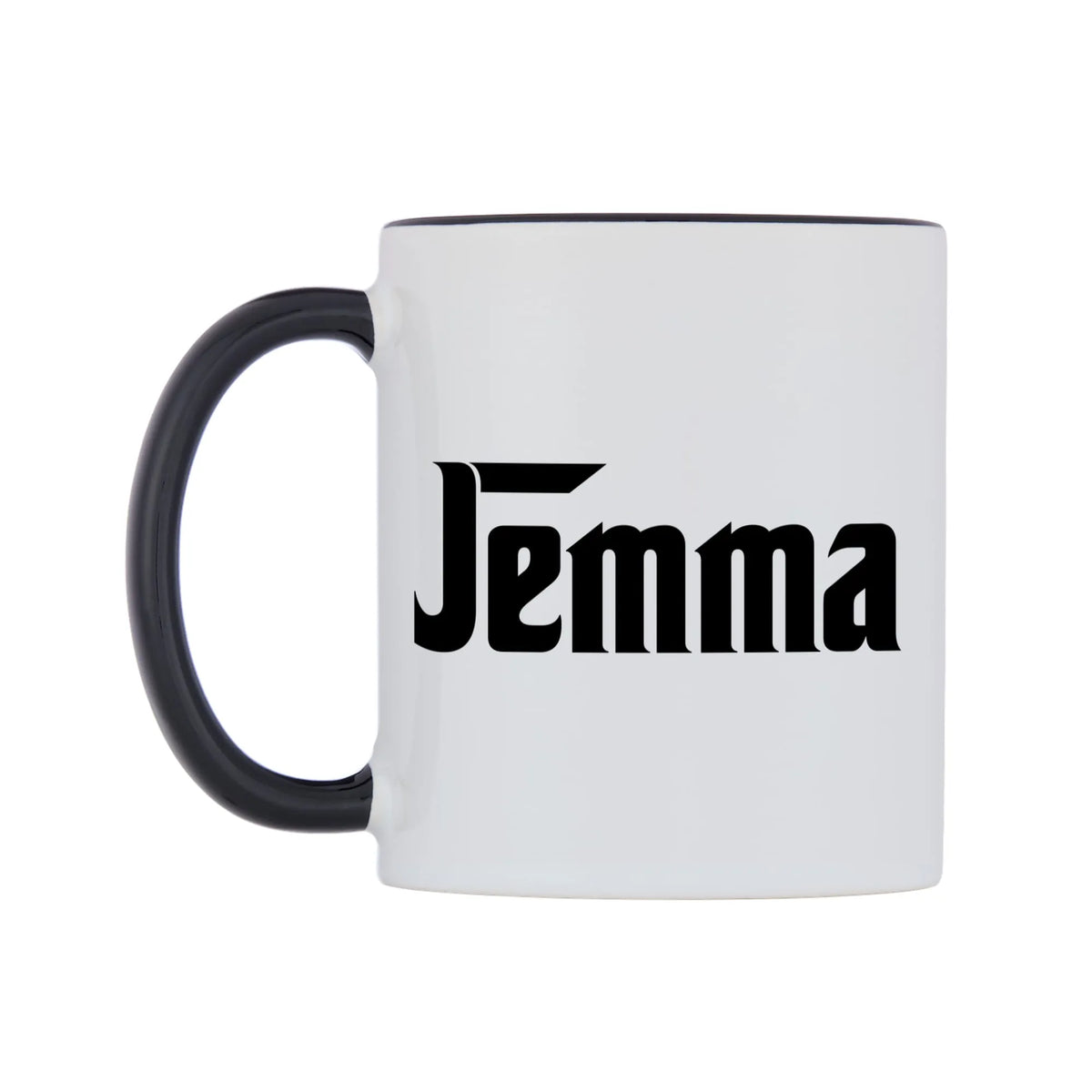 Jemma - Godfather Themed Mug — white 11oz gloss mug with a black inside and handle, right side, on a white background