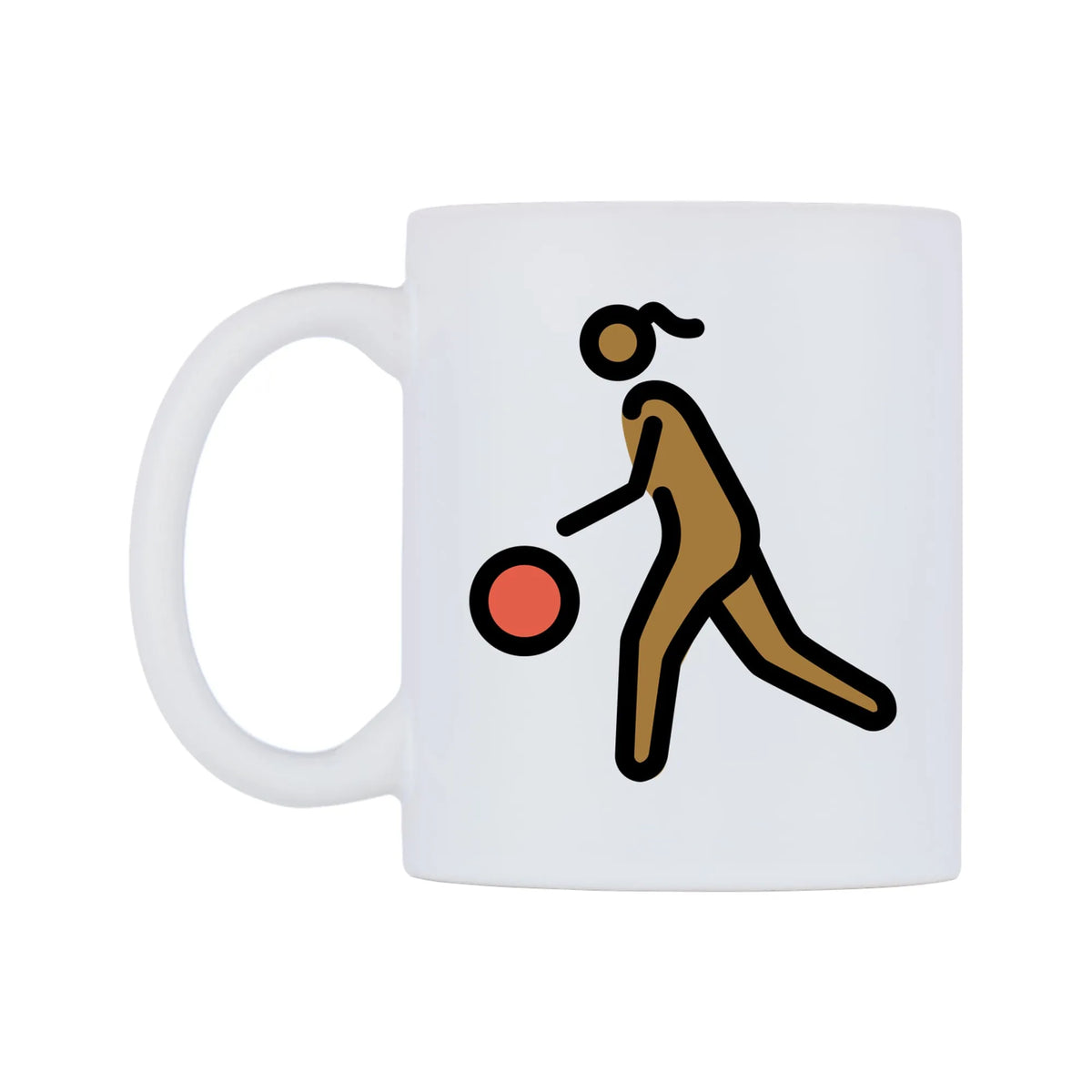 Female Bouncing Ball: Medium-Dark Skin Tone Emoji Mug — mug, right side, on a white background
