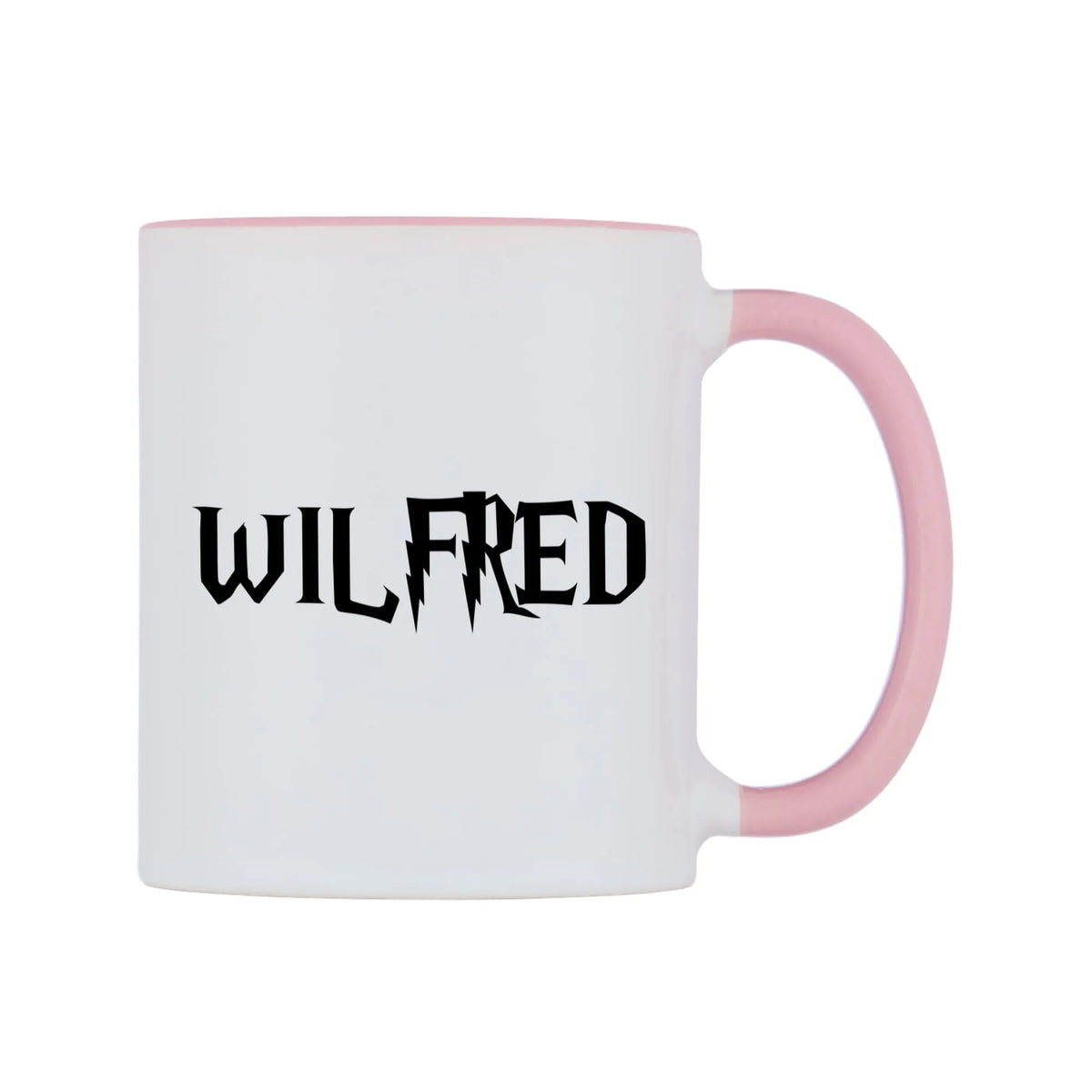 Wilfred - Wizard Themed Mug — white 11oz gloss mug with a pink inside and handle, left side, on a white background