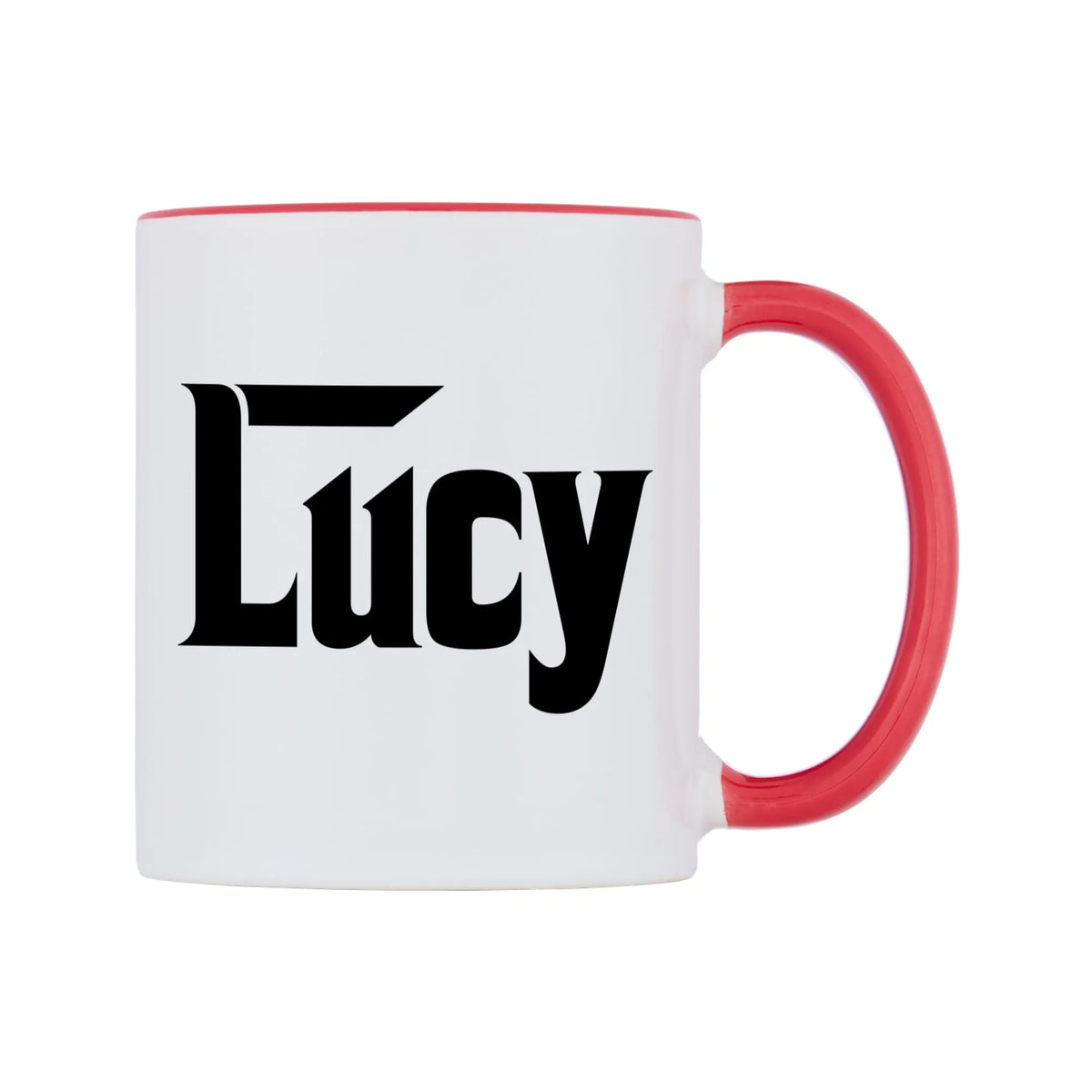 Lucy - Godfather Themed Mug — white 11oz gloss mug with a red inside and handle, left side, on a white background
