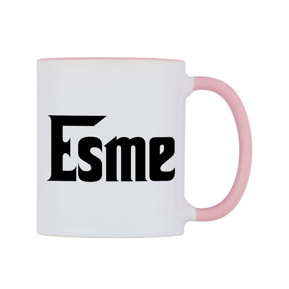Esme - Godfather Themed Mug — white 11oz gloss mug with a pink inside and handle, left side, on a white background