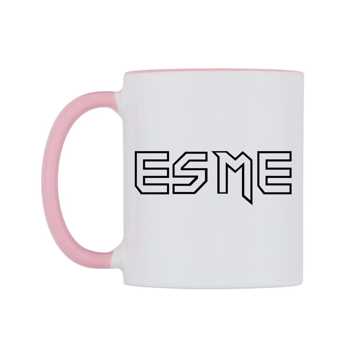 Esme - Iron Maiden Themed Mug — white 11oz gloss mug with a pink inside and handle, right side, on a white background