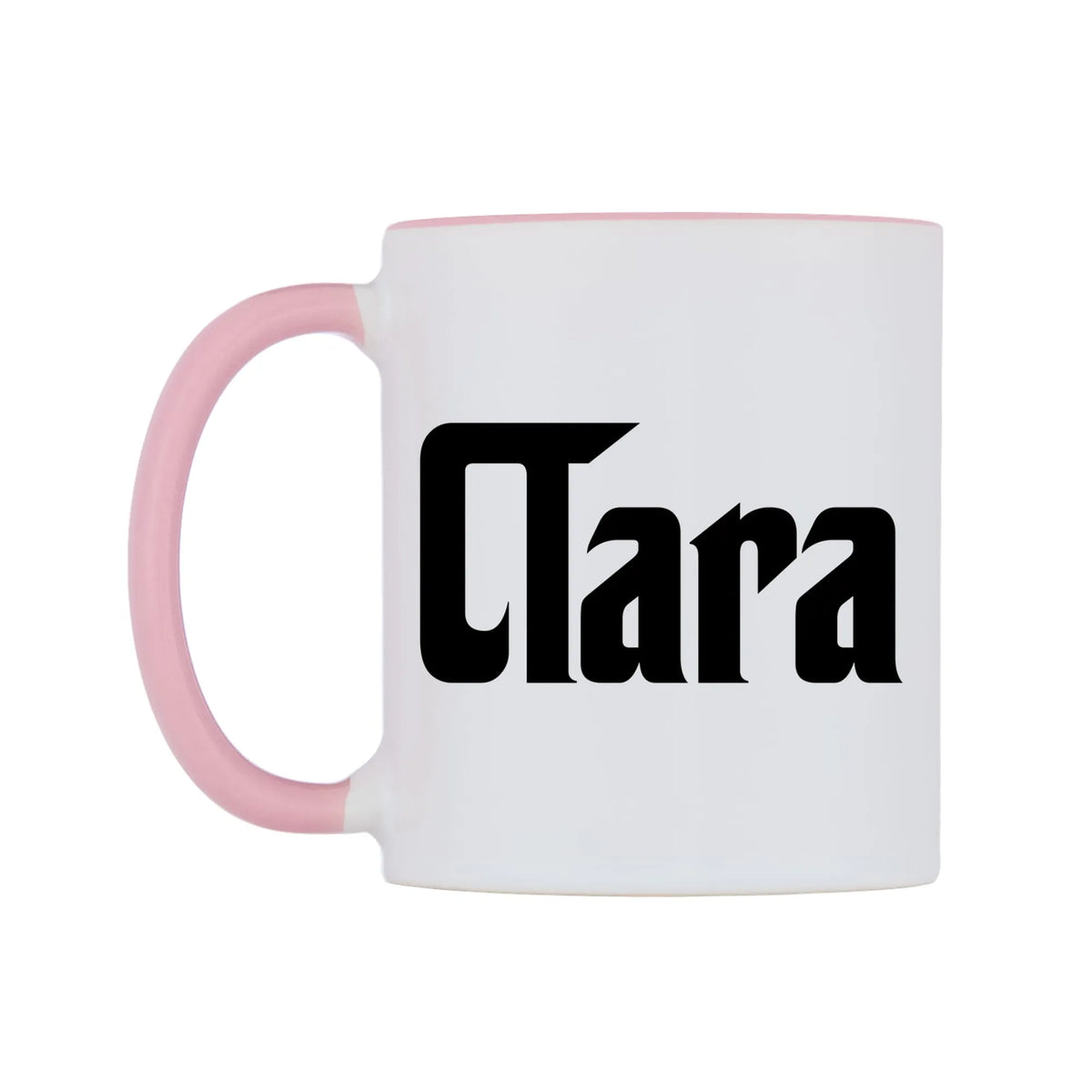 Clara - Godfather Themed Mug — white 11oz gloss mug with a pink inside and handle, right side, on a white background