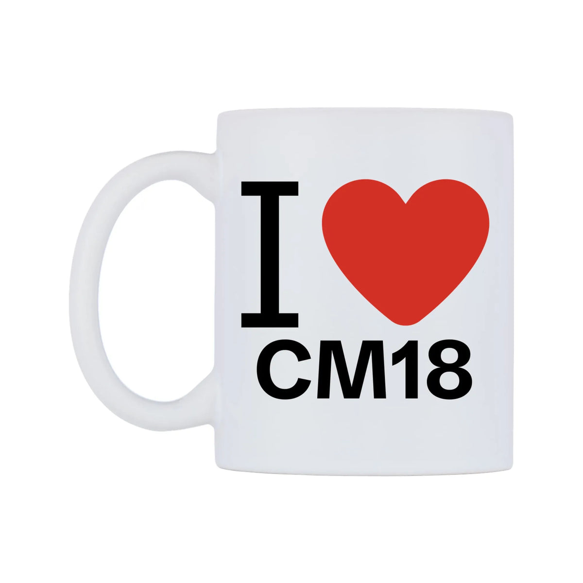 I Love CM18 Mug — white 11oz gloss mug, right side, on a white background