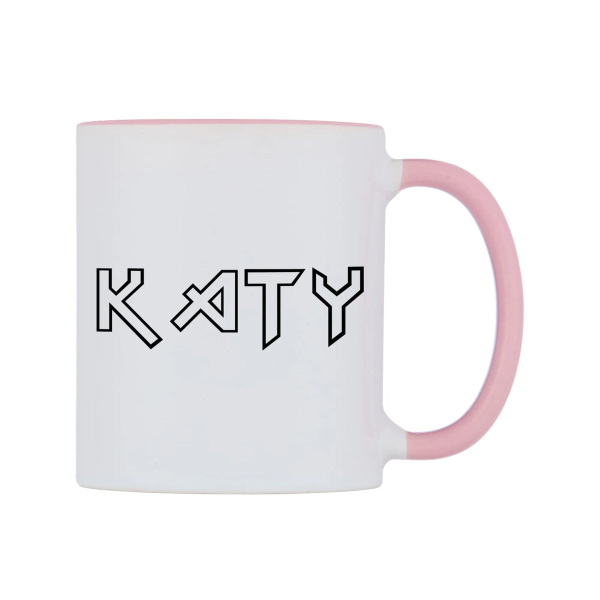Katy - Iron Maiden Themed Mug — white 11oz gloss mug with a pink inside and handle, left side, on a white background