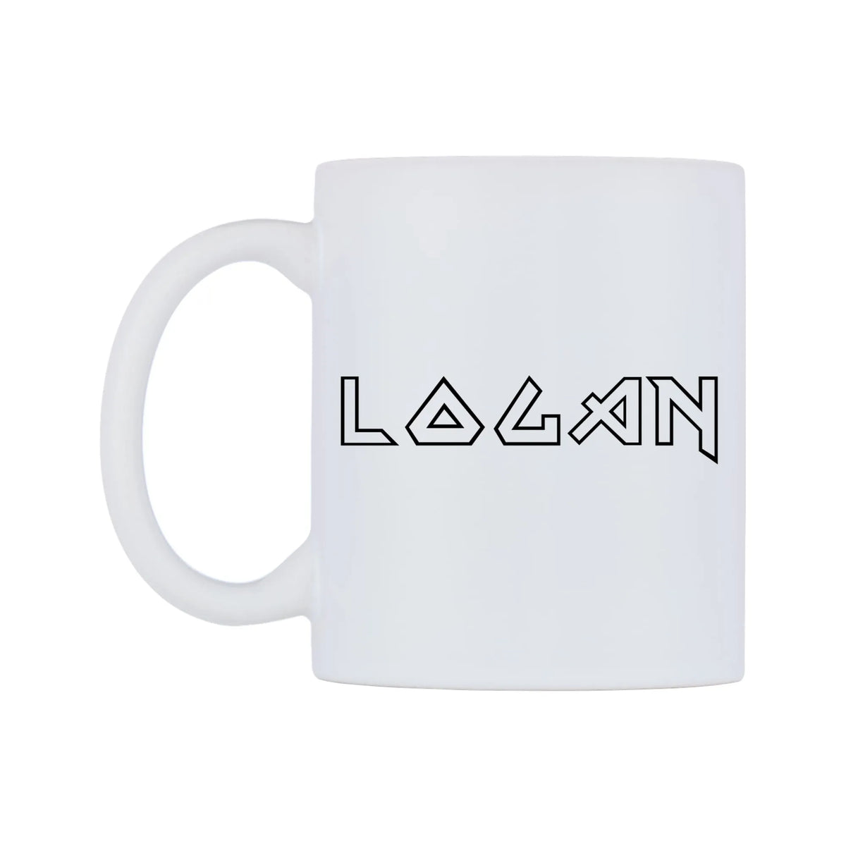 Logan - Iron Maiden Themed Mug — white 11oz gloss mug, right side, on a white background