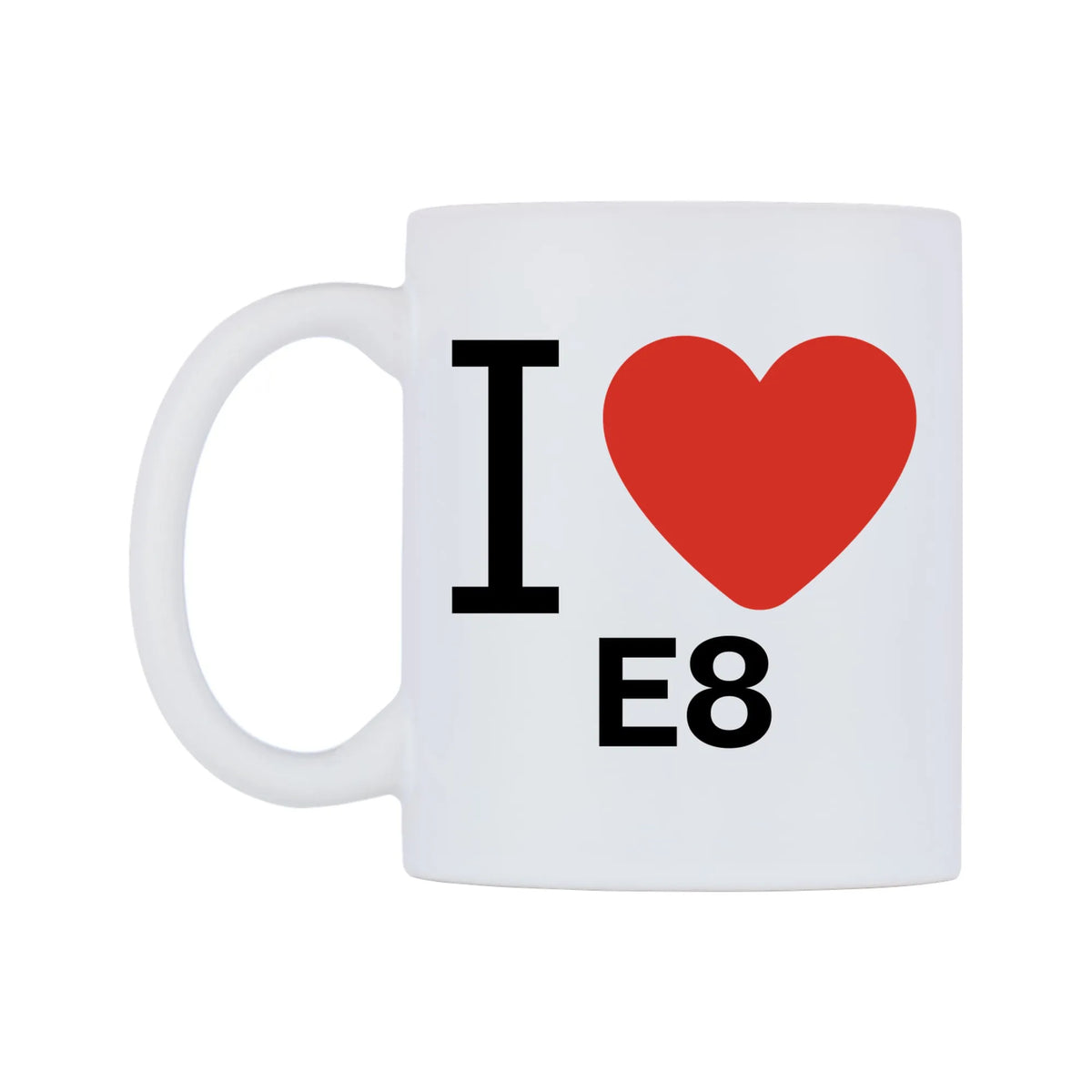 I Love E8 Mug — white 11oz gloss mug, right side, on a white background
