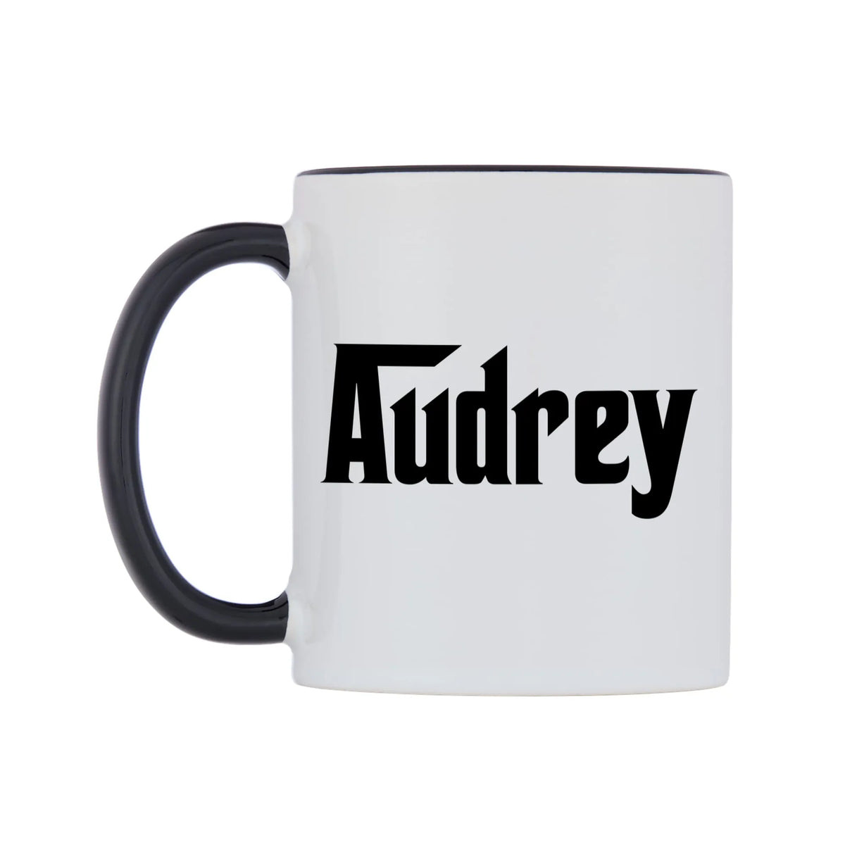 Audrey - Godfather Themed Mug — white 11oz gloss mug with a black inside and handle, right side, on a white background