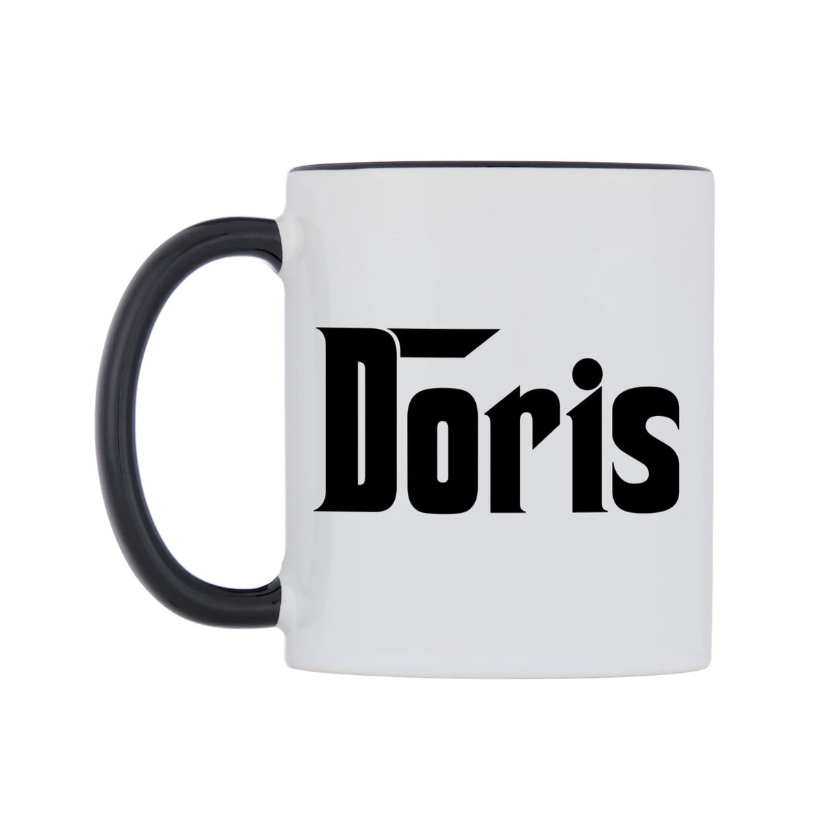 Doris - Godfather Themed Mug — white 11oz gloss mug with a black inside and handle, right side, on a white background