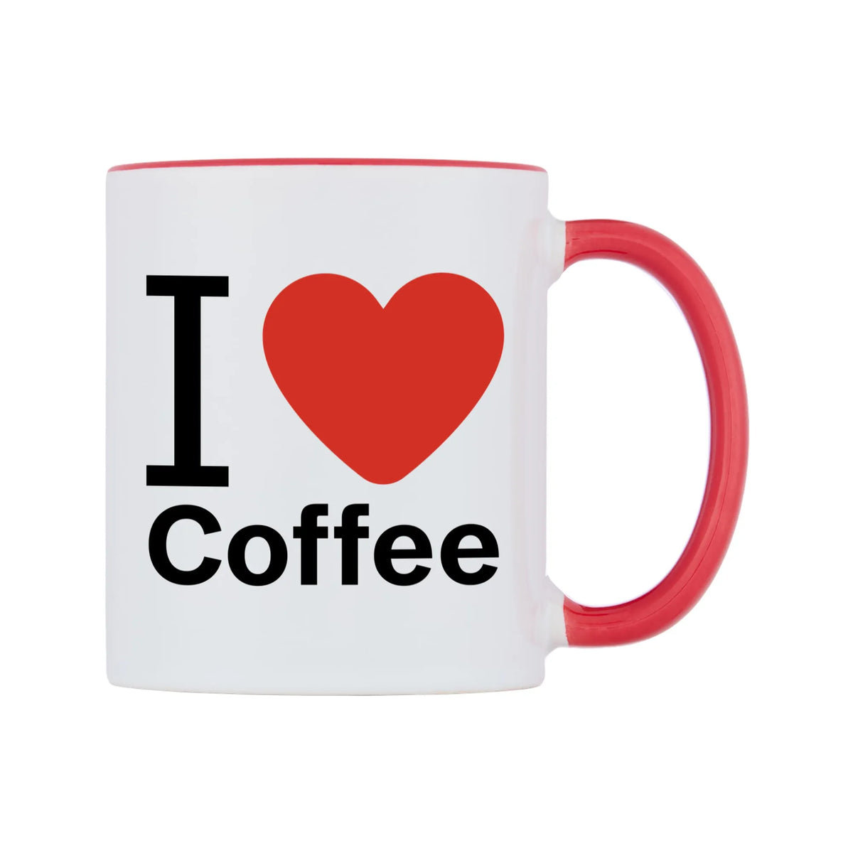 I Love Coffee Mug — white 11oz gloss mug with a red inside and handle, left side, on a white background