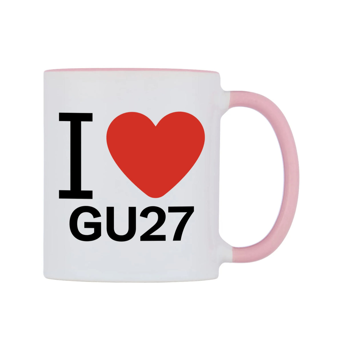 I Love GU27 Mug — white 11oz gloss mug with a pink inside and handle, left side, on a white background