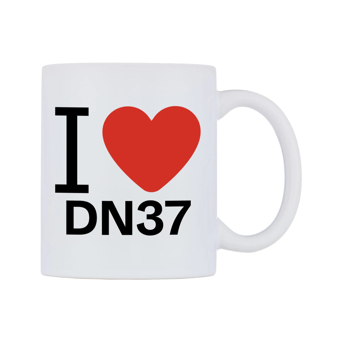 I Love DN37 Mug — white 11oz gloss mug, left side, on a white background