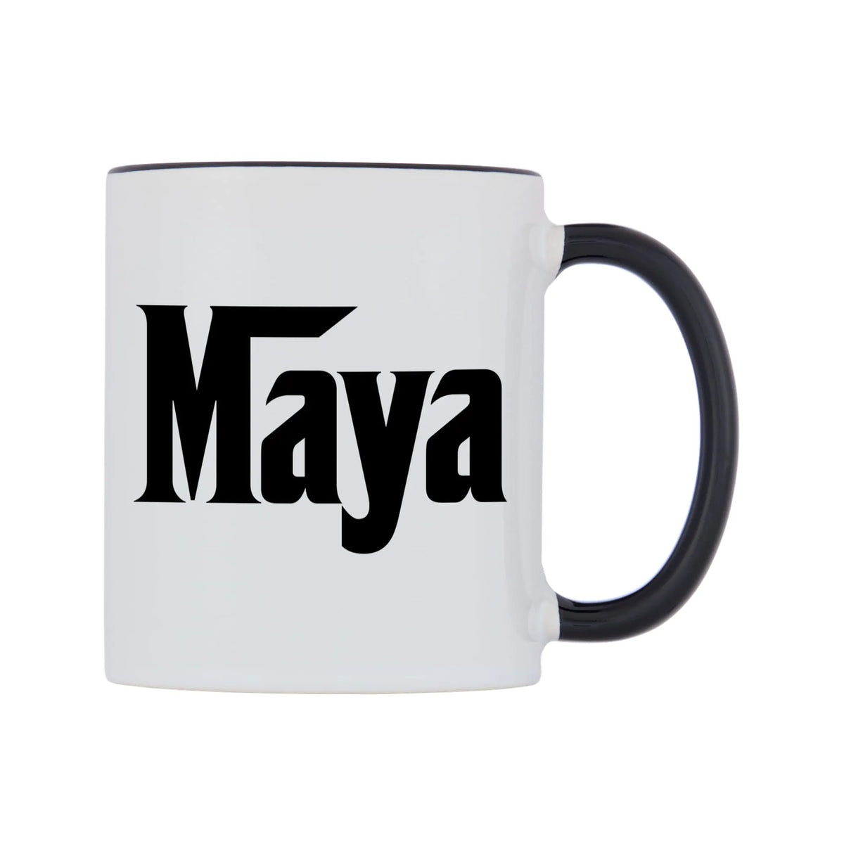 Maya - Godfather Themed Mug — white 11oz gloss mug with a black inside and handle, left side, on a white background