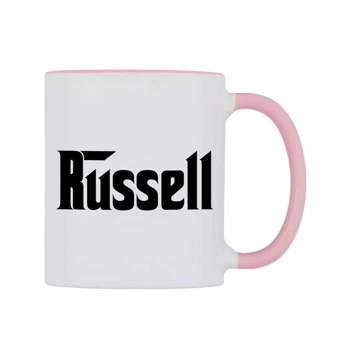 Russell - Godfather Themed Mug — white 11oz gloss mug with a pink inside and handle, left side, on a white background