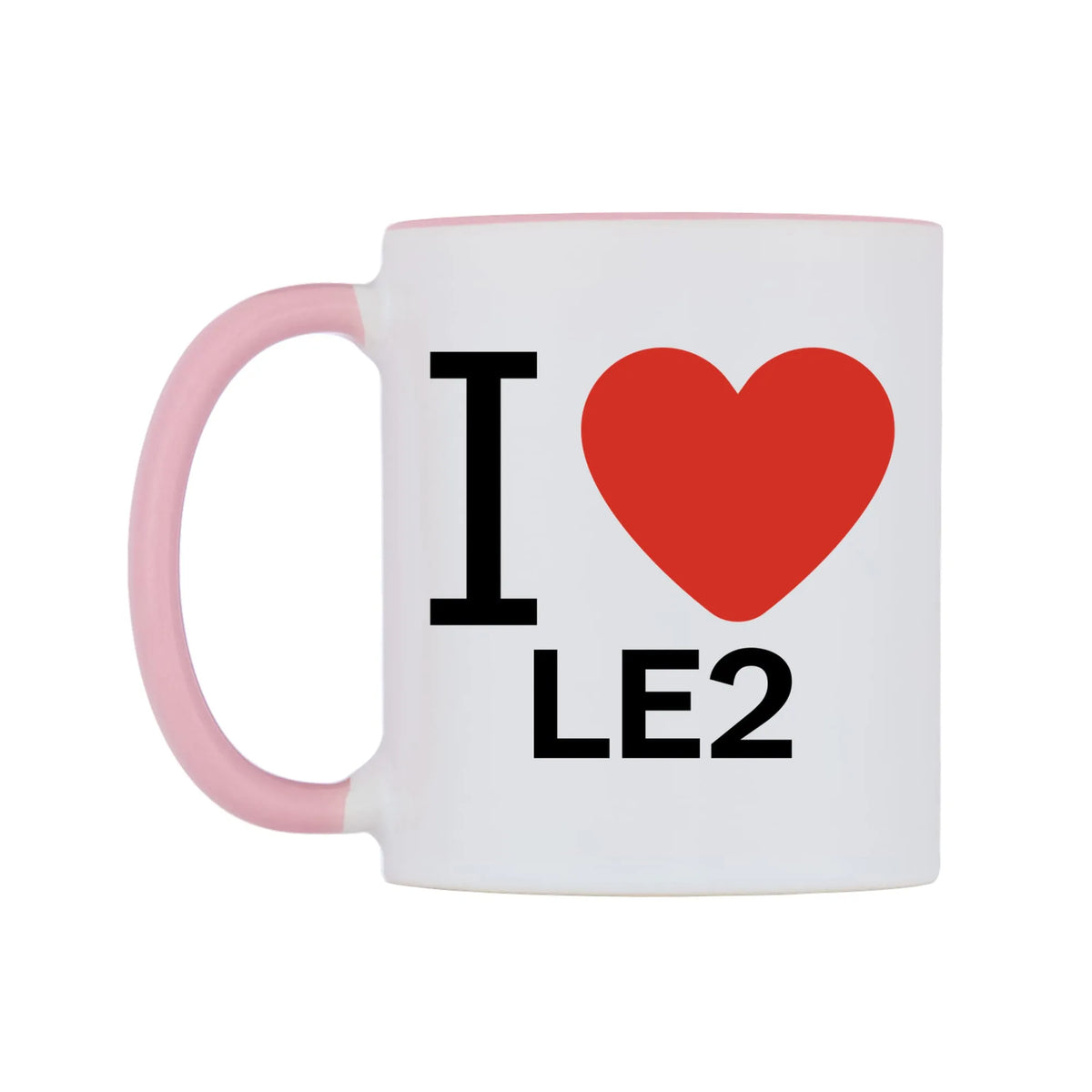 I Love LE2 Mug — white 11oz gloss mug with a pink inside and handle, right side, on a white background