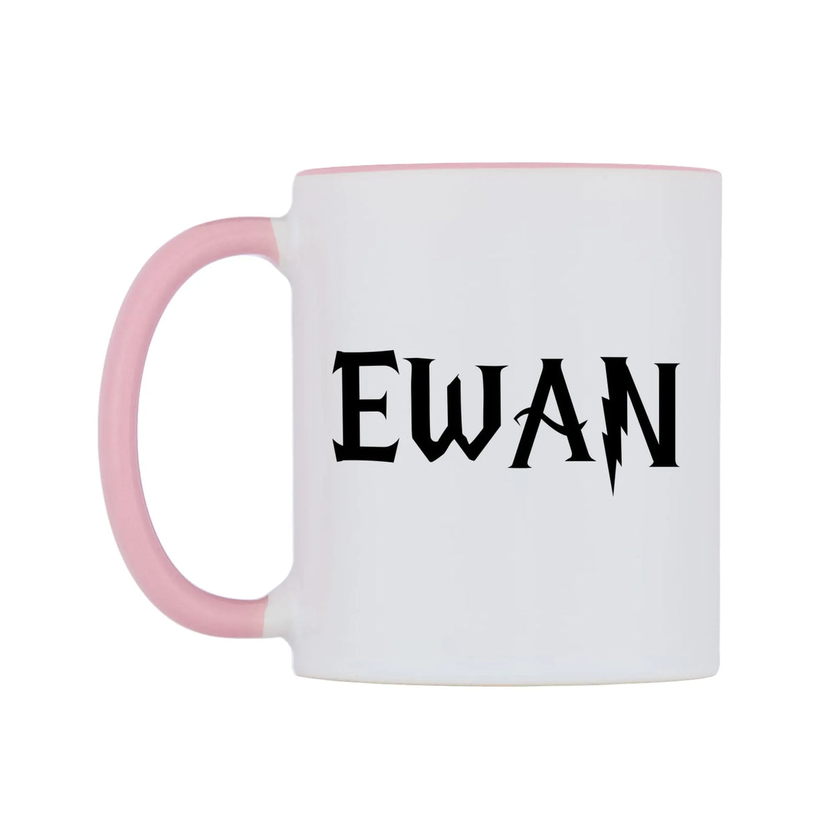 Ewan - Wizard Themed Mug — white 11oz gloss mug with a pink inside and handle, right side, on a white background