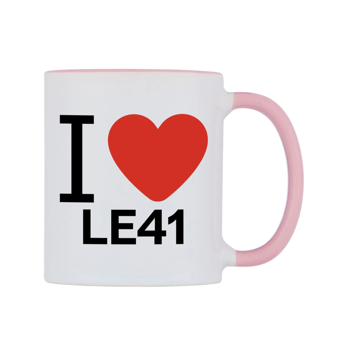 I Love LE41 Mug — white 11oz gloss mug with a pink inside and handle, left side, on a white background