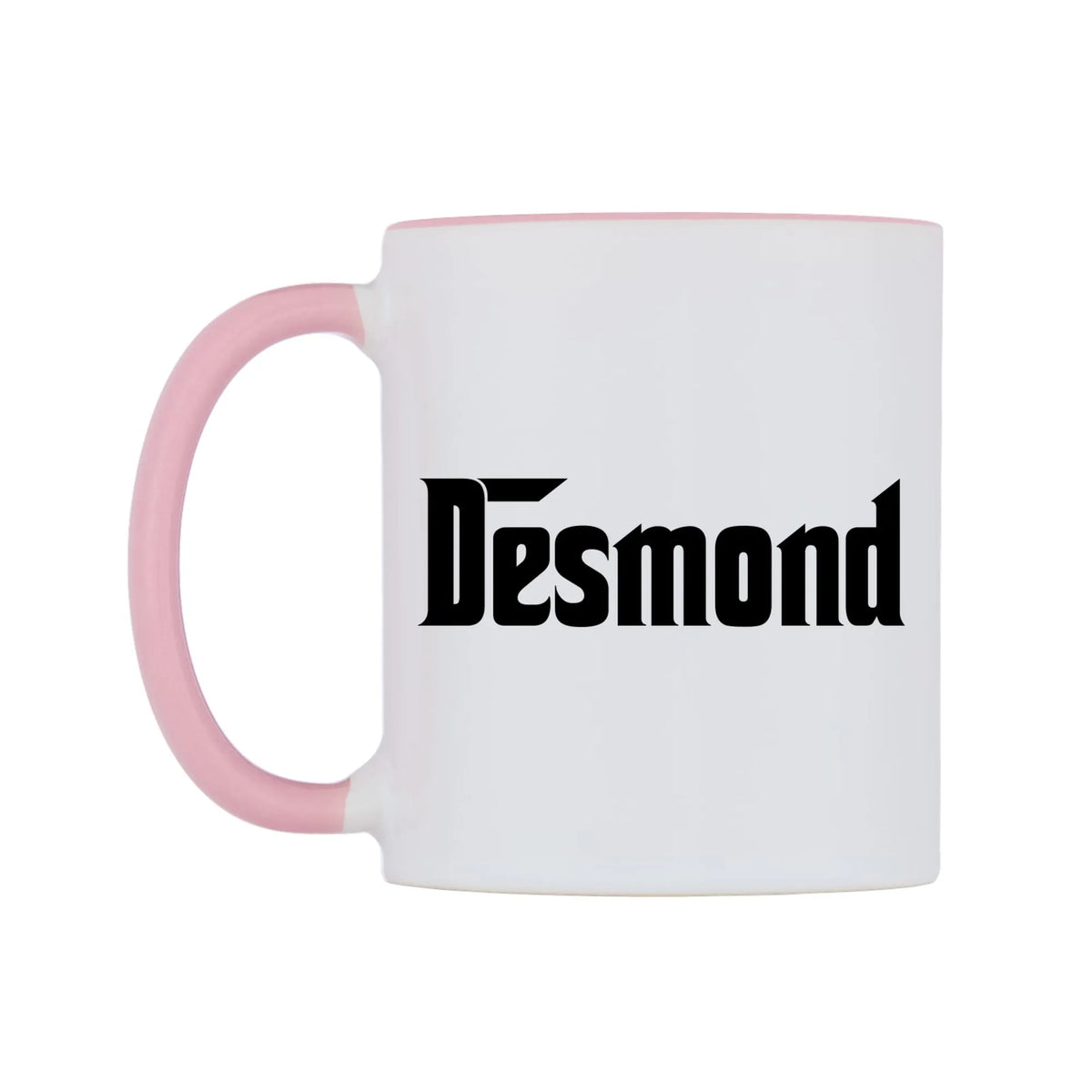 Desmond - Godfather Themed Mug — white 11oz gloss mug with a pink inside and handle, right side, on a white background