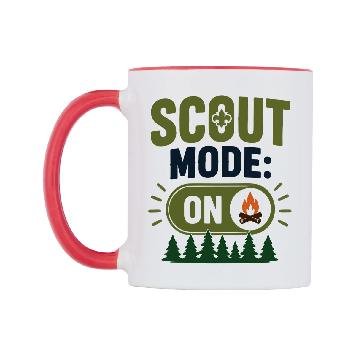 Scout Mode: ON Mug — white 11oz gloss mug with a red inside and handle, right side, on a white background