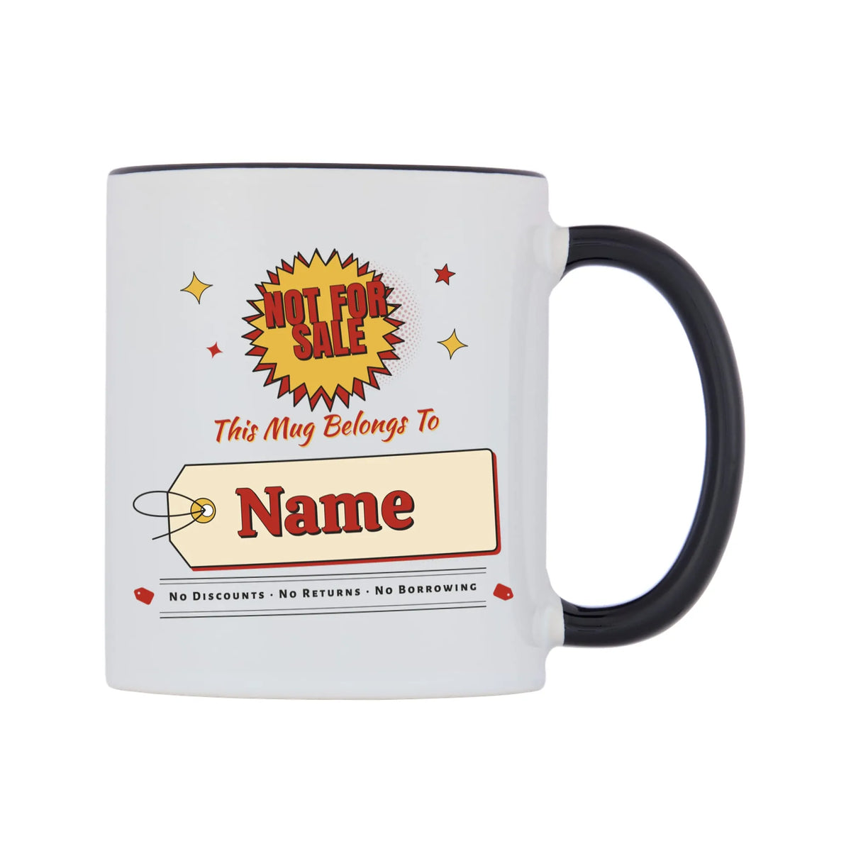 Not For Sale Swing Tag Mug — white 11oz gloss mug with a black inside and handle, on a white background