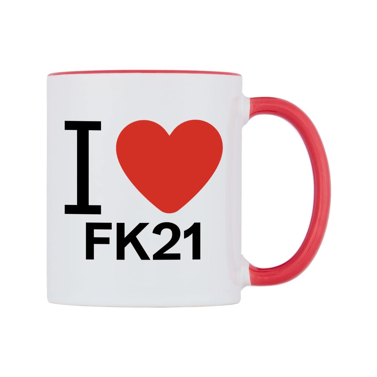 I Love FK21 Mug — white 11oz gloss mug with a red inside and handle, left side, on a white background