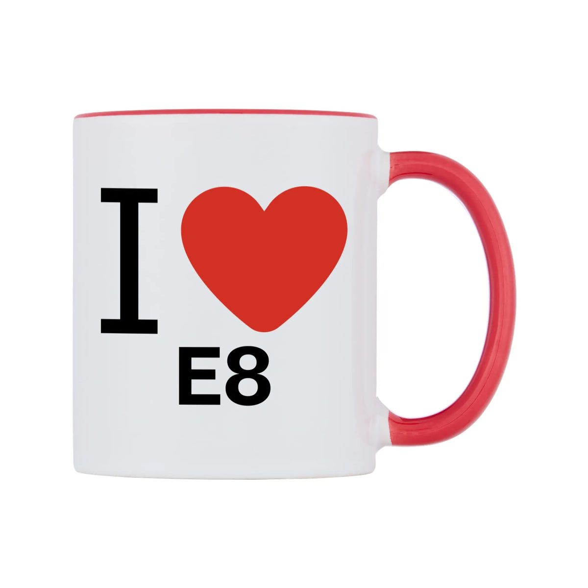 I Love E8 Mug — white 11oz gloss mug with a red inside and handle, left side, on a white background