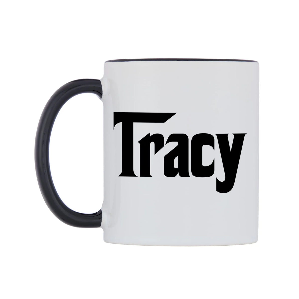 Tracy - Godfather Themed Mug — white 11oz gloss mug with a black inside and handle, right side, on a white background