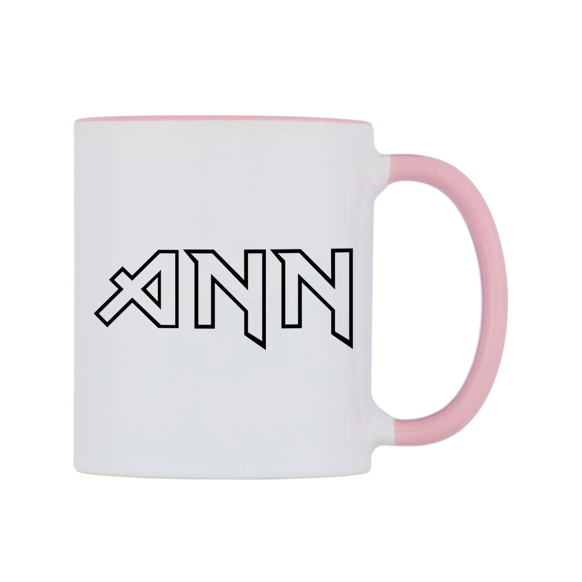 Ann - Iron Maiden Themed Mug — white 11oz gloss mug with a pink inside and handle, left side, on a white background