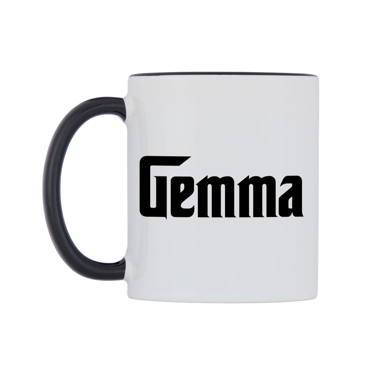Gemma - Godfather Themed Mug — white 11oz gloss mug with a black inside and handle, right side, on a white background