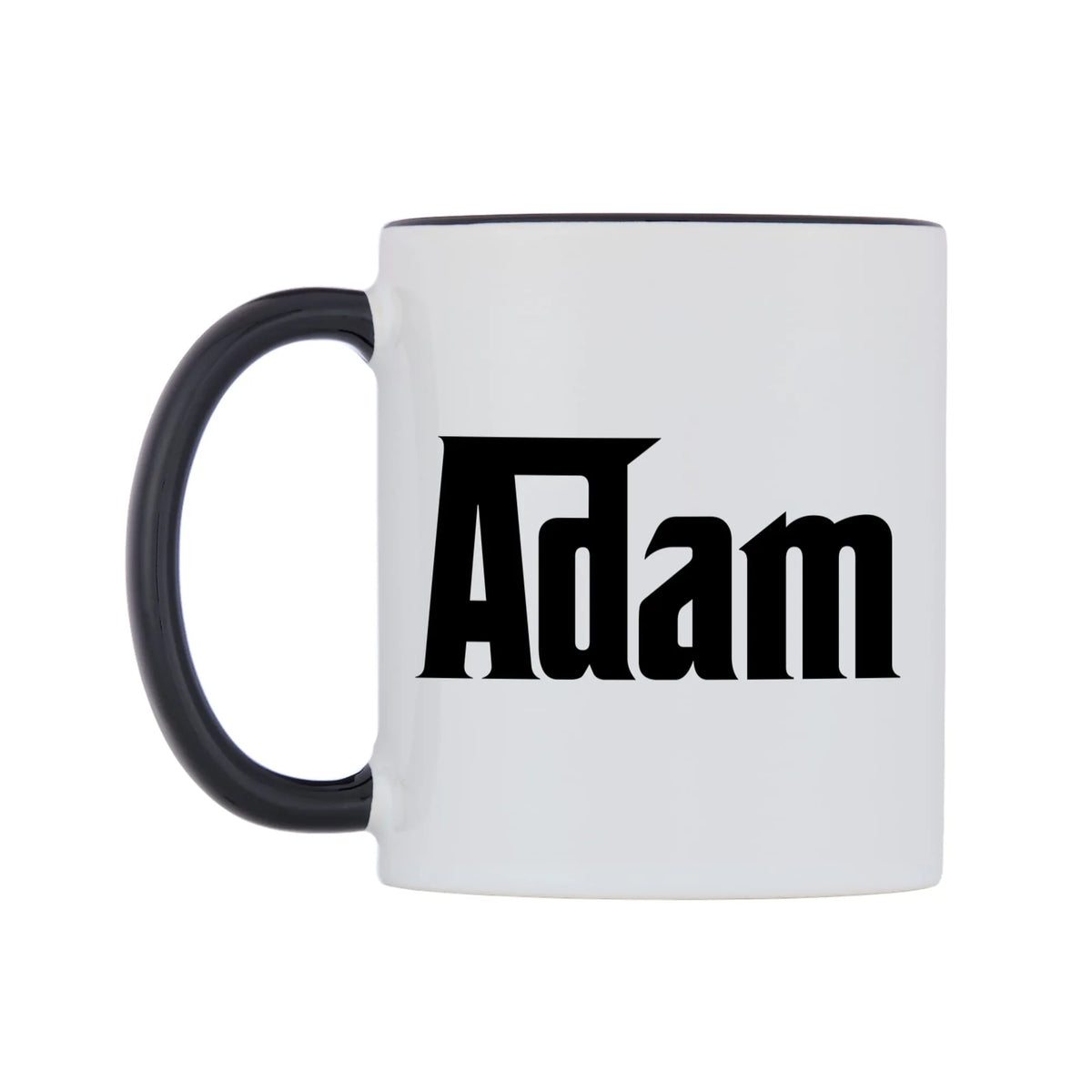 Adam - Godfather Themed Mug — white 11oz gloss mug with a black inside and handle, right side, on a white background
