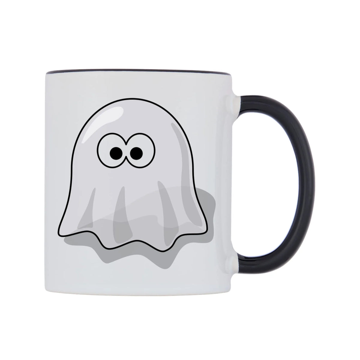Little Ghost Mug — white 11oz gloss mug with a black inside and handle, left side, on a white background