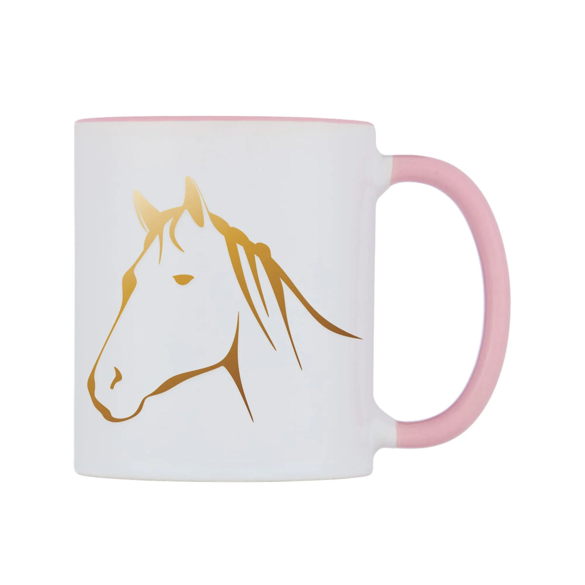 Golden Horse Mug — white 11oz gloss mug with a pink inside and handle, left side, on a white background
