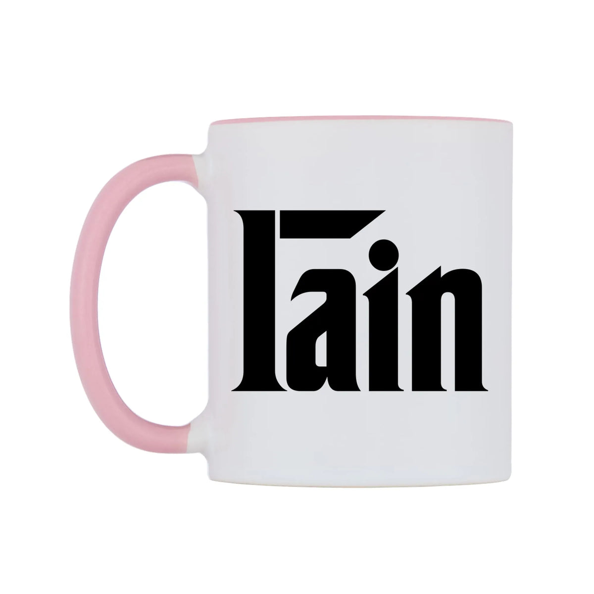 Iain - Godfather Themed Mug — white 11oz gloss mug with a pink inside and handle, right side, on a white background
