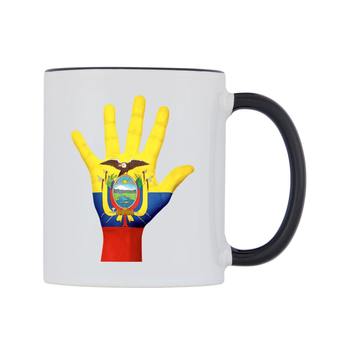Ecuador Hand Flag Mug — white 11oz gloss mug with a black inside and handle, left side, on a white background