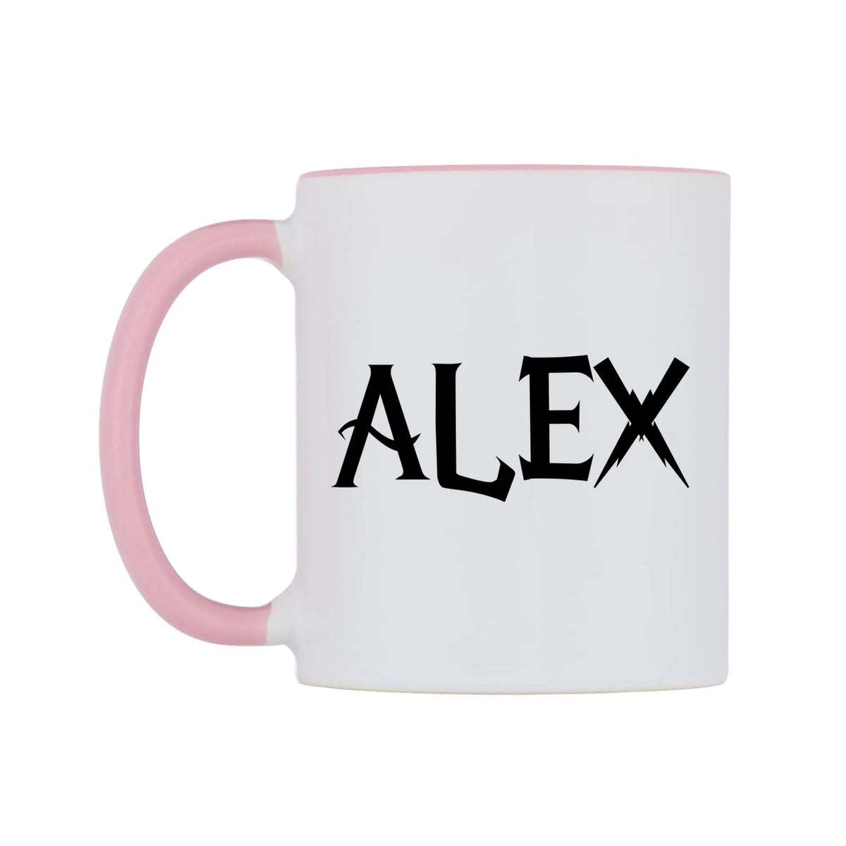 Alex - Wizard Themed Mug — white 11oz gloss mug with a pink inside and handle, right side, on a white background