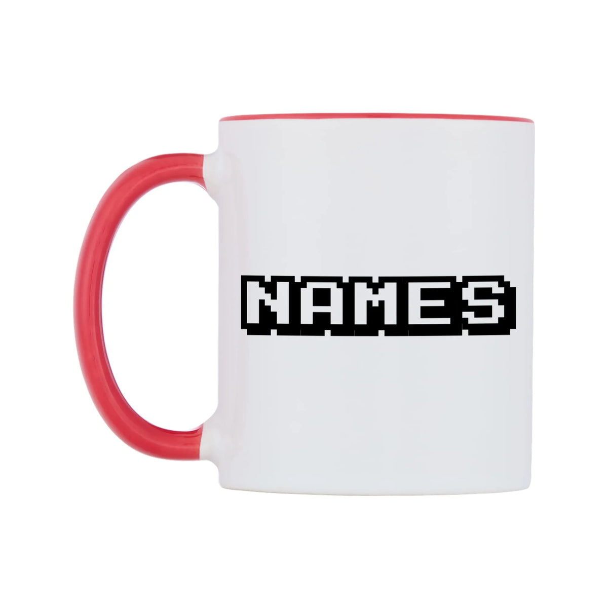 Personalised Arcade Themed Font Names Mug — white 11oz gloss mug with a red inside and handle, right side, on a white background