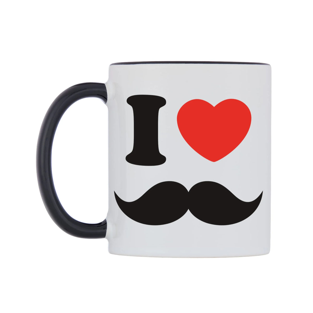 I Love Moustaches Mug — white 11oz gloss mug with a black inside and handle, right side, on a white background