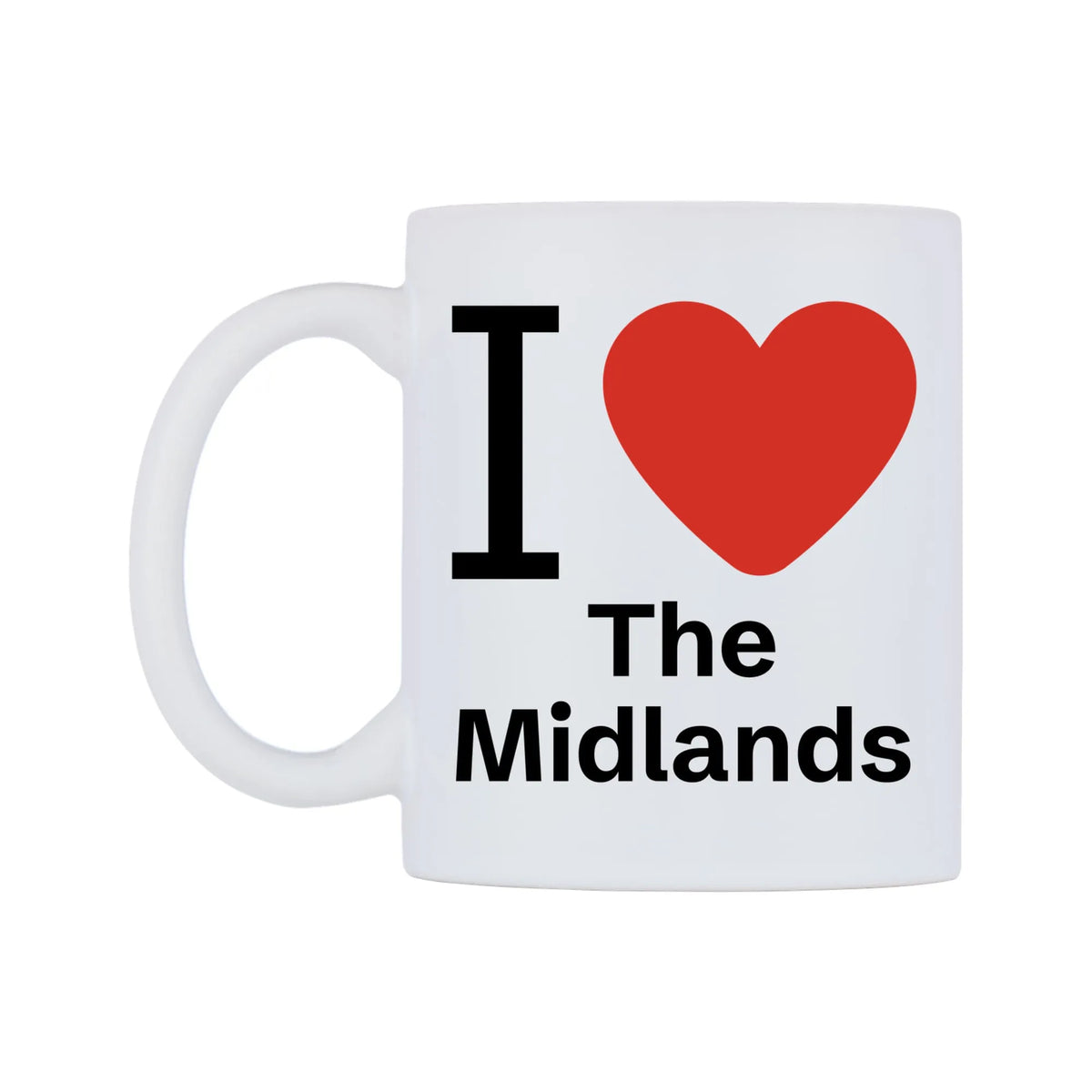 I Love The Midlands Mug — white 11oz gloss mug, right side, on a white background