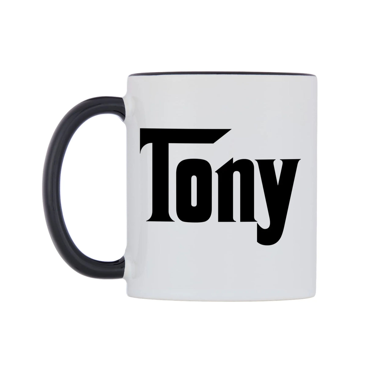 Tony - Godfather Themed Mug — white 11oz gloss mug with a black inside and handle, right side, on a white background