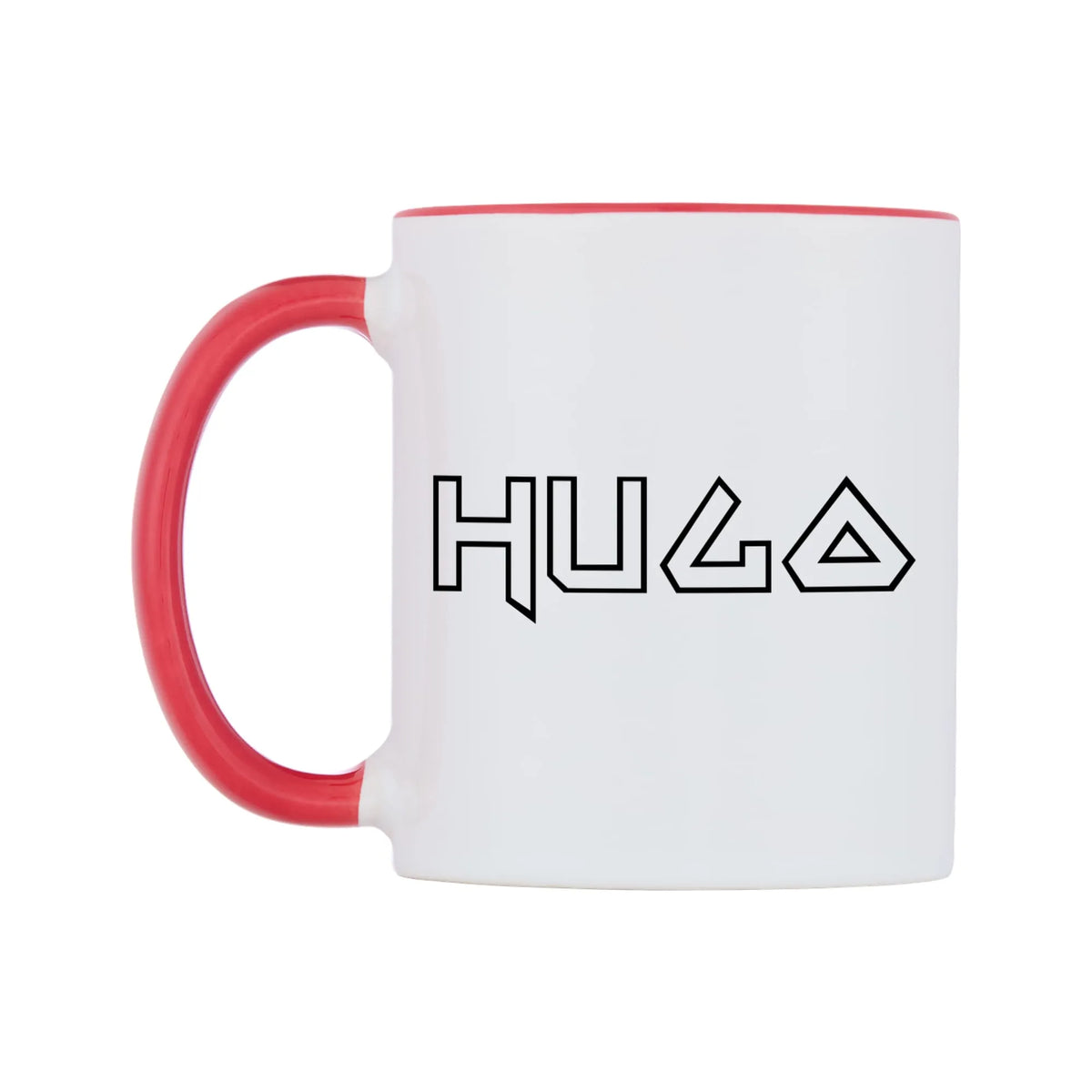 Hugo - Iron Maiden Themed Mug — white 11oz gloss mug with a red inside and handle, right side, on a white background