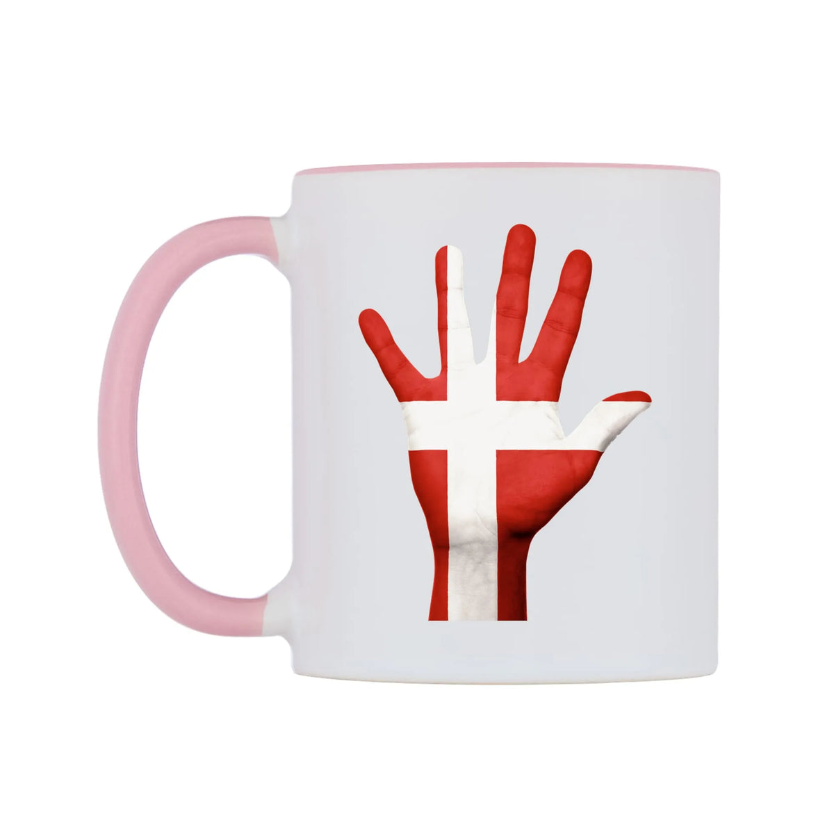 Denmark Hand Flag Mug — white 11oz gloss mug with a pink inside and handle, right side, on a white background