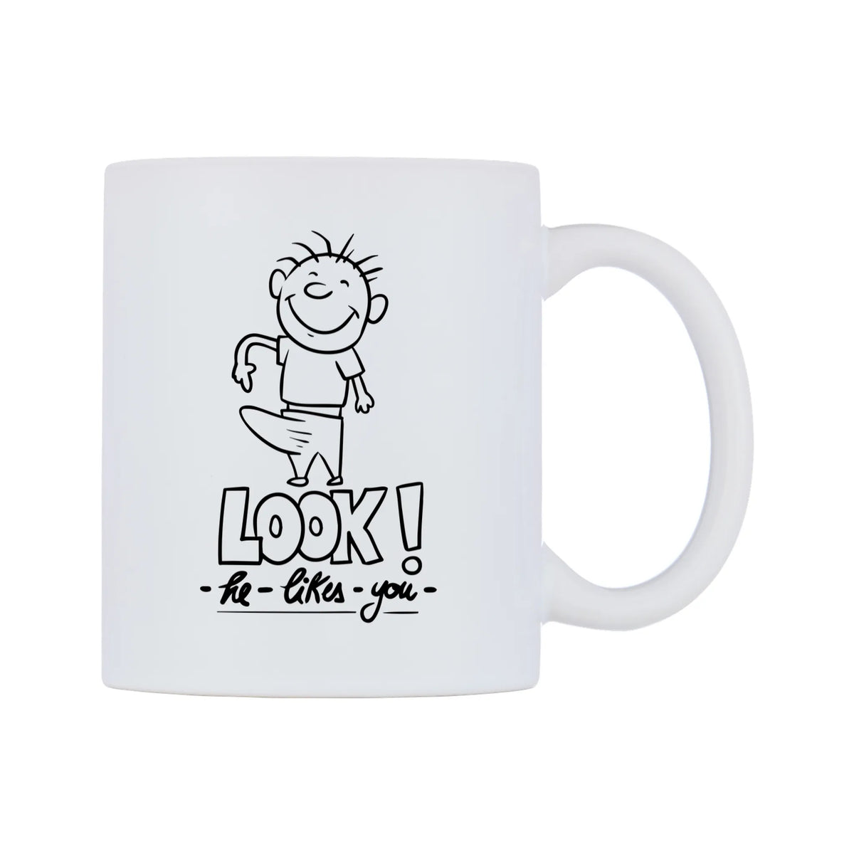 LOOK! - he - likes - you - Mug — white 11oz gloss mug, left side, on a white background