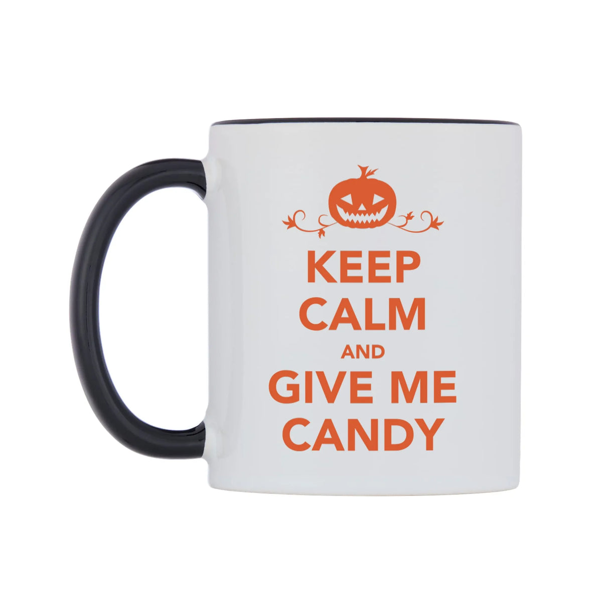 Keep Calm And Give Me Candy Mug — white 11oz gloss mug with a black inside and handle, right side, on a white background