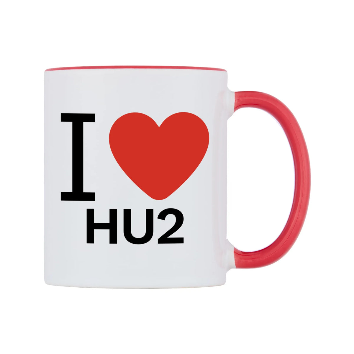 I Love HU2 Mug — white 11oz gloss mug with a red inside and handle, left side, on a white background