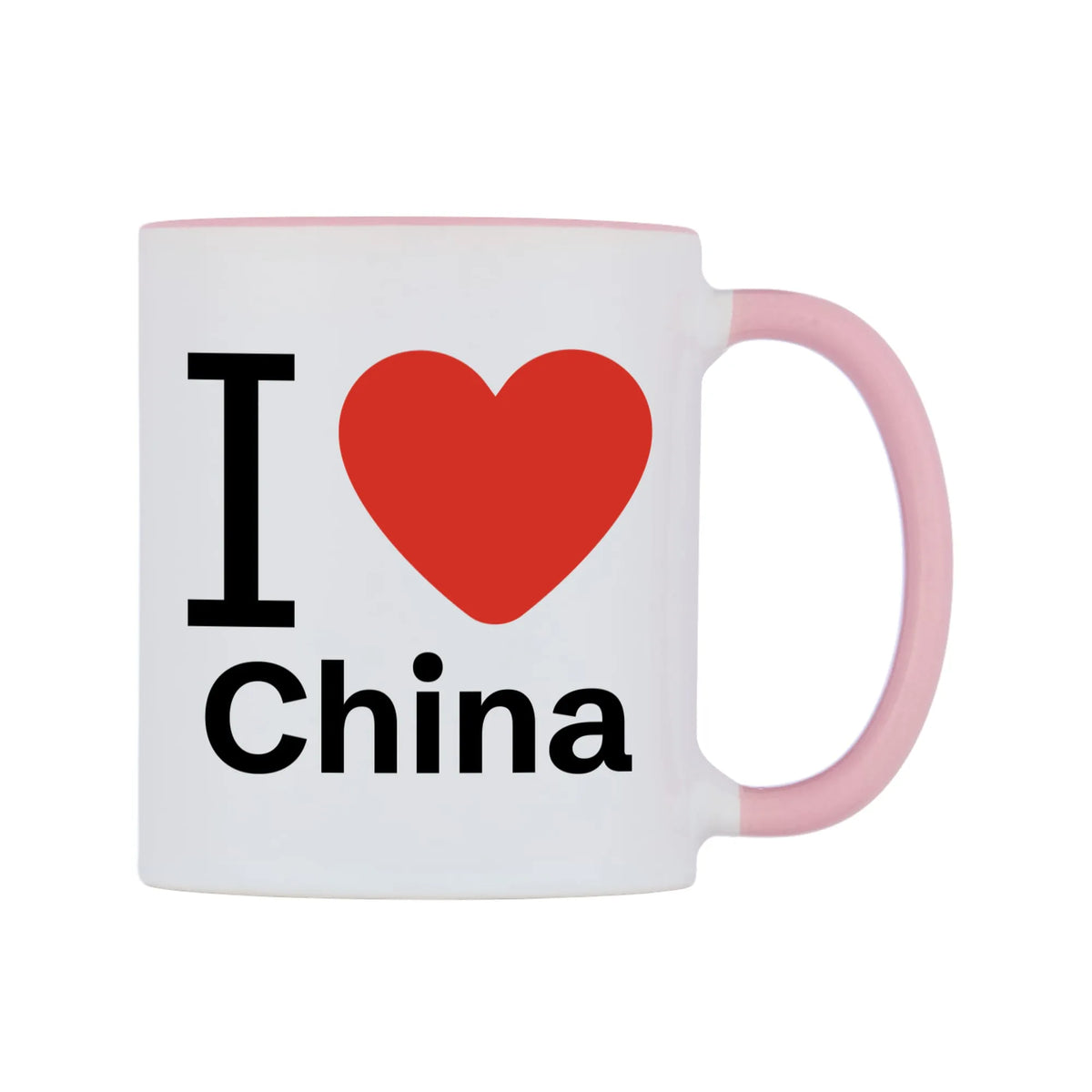 I Love China Mug — white 11oz gloss mug with a pink inside and handle, left side, on a white background