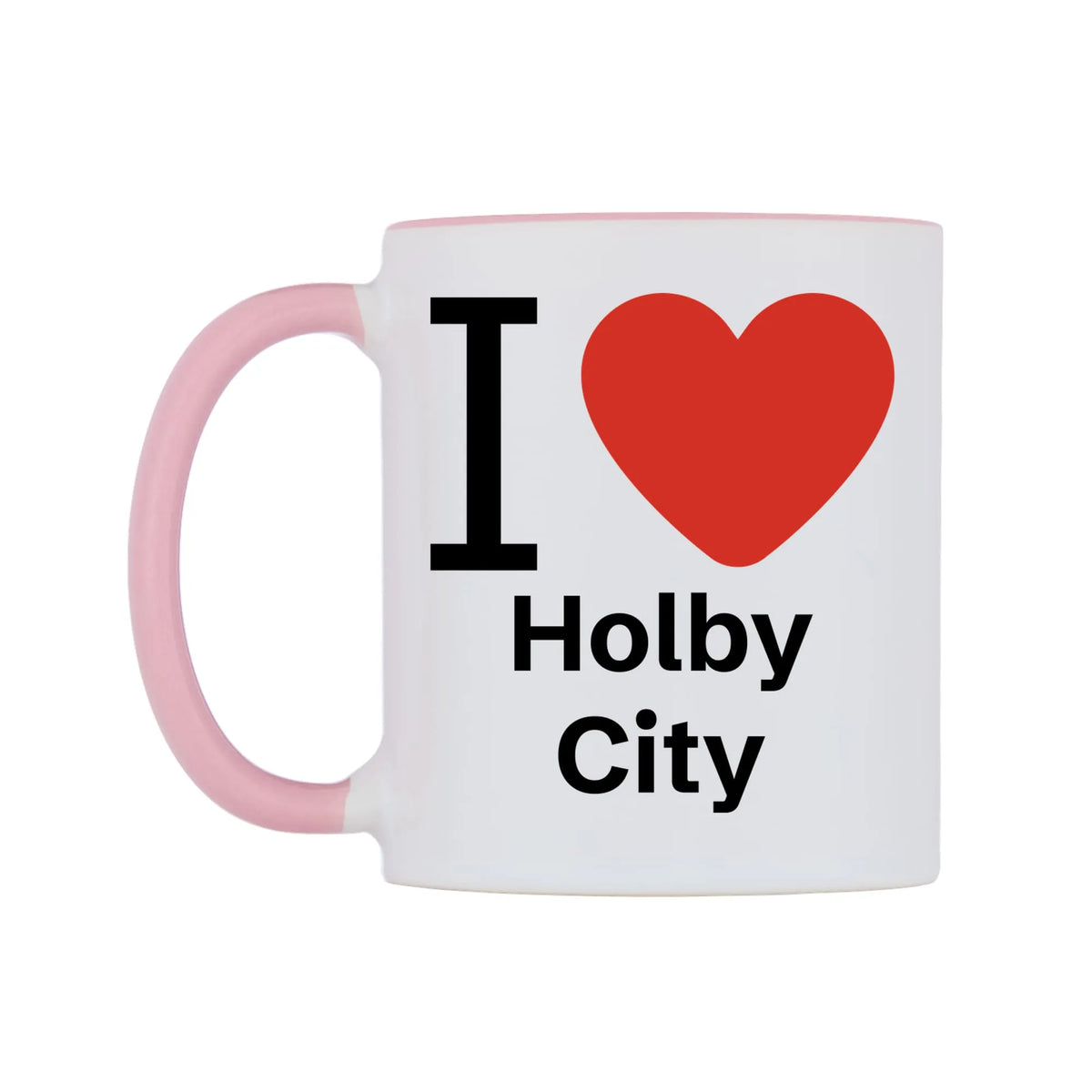 I Love Holby City Mug — white 11oz gloss mug with a pink inside and handle, right side, on a white background