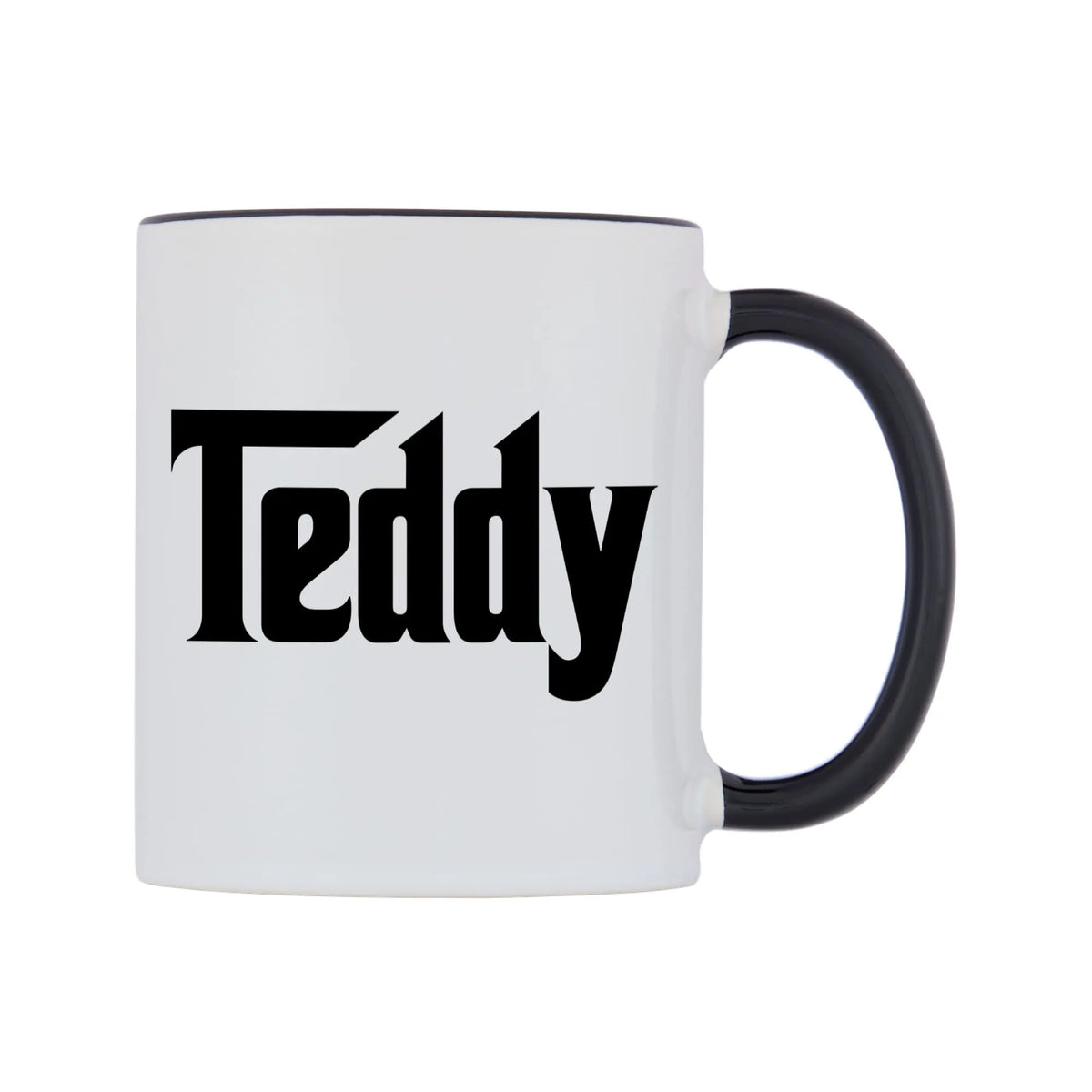 Teddy - Godfather Themed Mug — white 11oz gloss mug with a black inside and handle, left side, on a white background