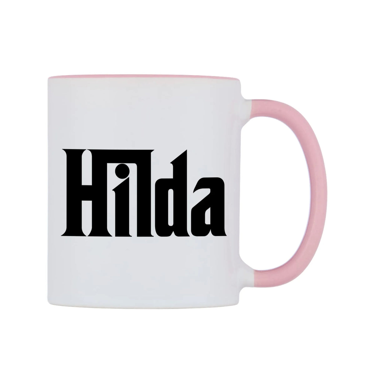 Hilda - Godfather Themed Mug — white 11oz gloss mug with a pink inside and handle, left side, on a white background