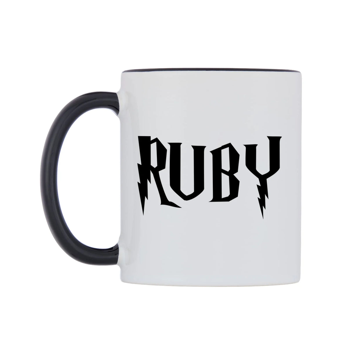 Ruby - Wizard Themed Mug — white 11oz gloss mug with a black inside and handle, right side, on a white background